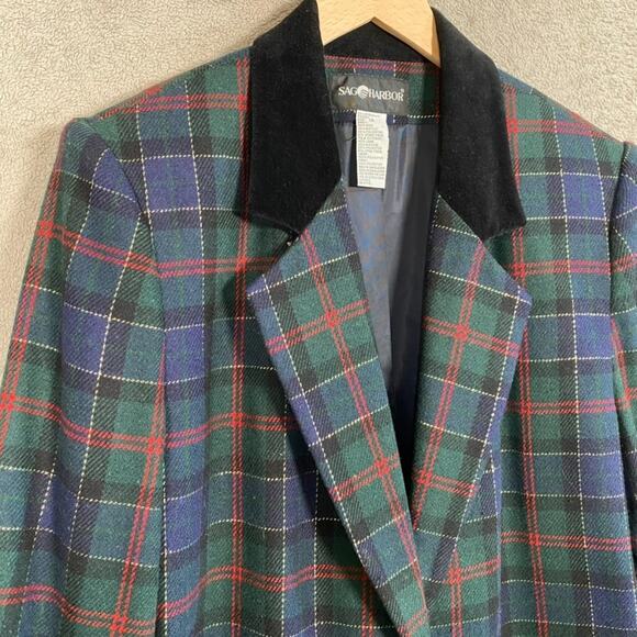 Vintage Sag Harbor Womens Tartan Plaid Wool Blend Blazer Size 14 Velvet Collar - Picture 2 of 9